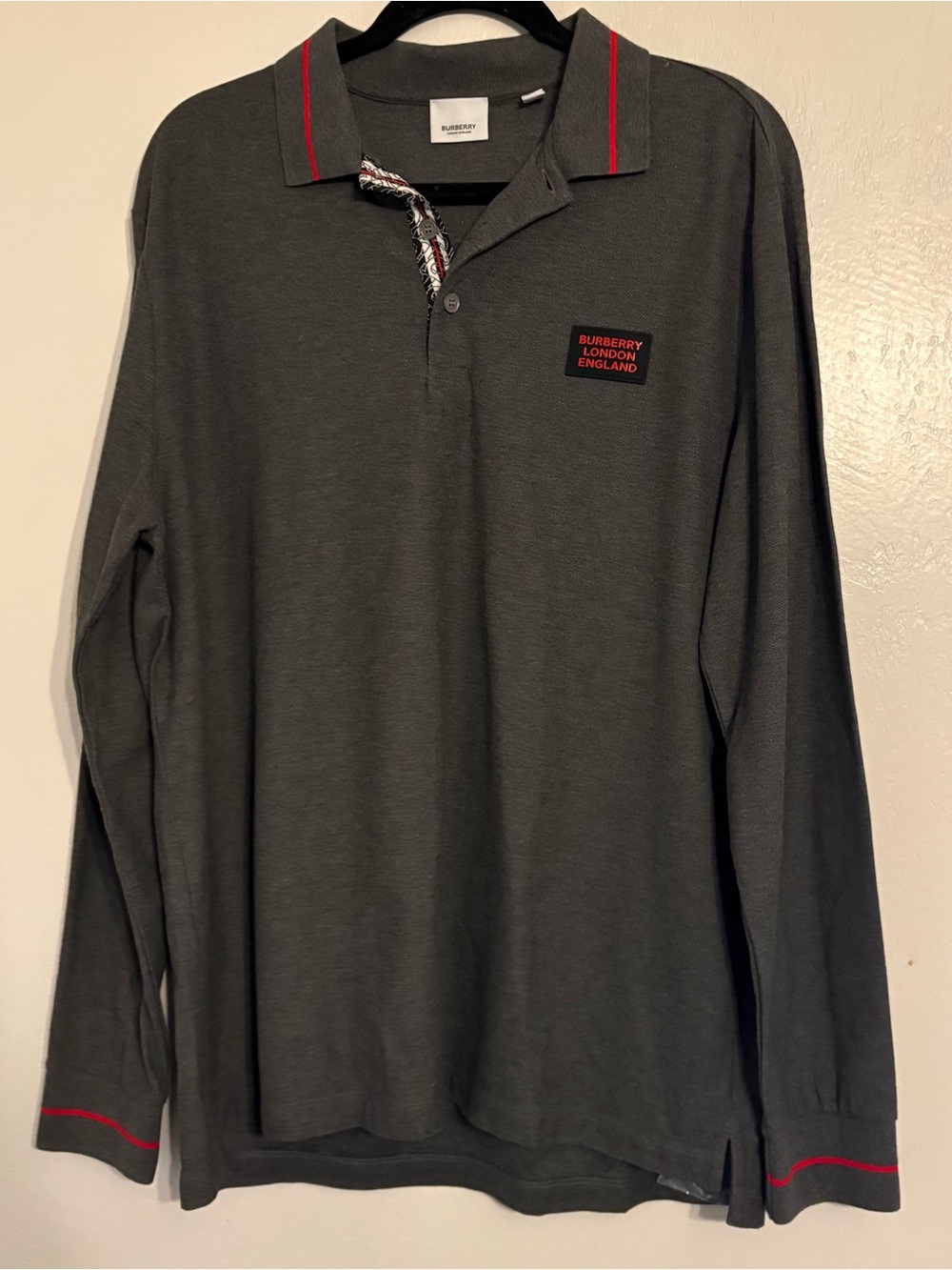Burberry Long-Sleeve Polo Shirt - Dark Gray with Red Trim XL